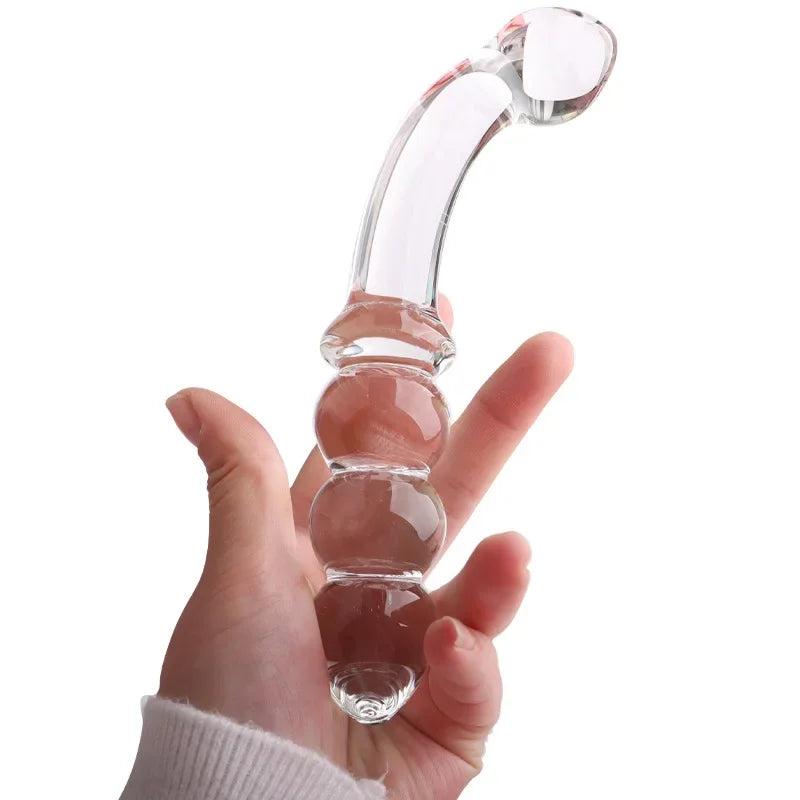 2-in-1 Glass Beaded Butt Plug, Transparent