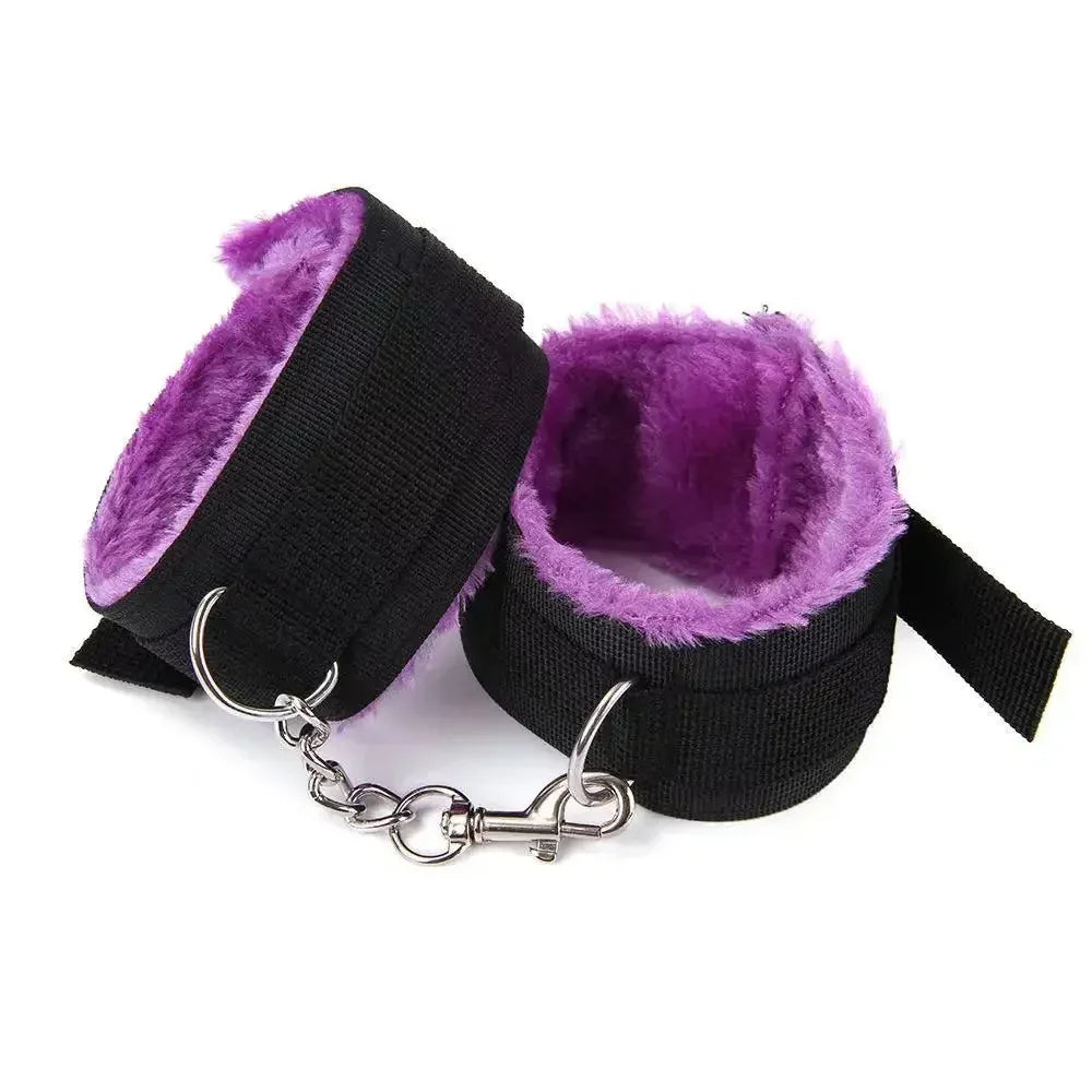 Faux Leather Whip and Plush Handcuffs, Choice of Colours