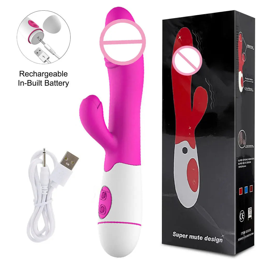 30-Speed Rabbit Vibrator, Battery or Rechargeable, 3 Colours