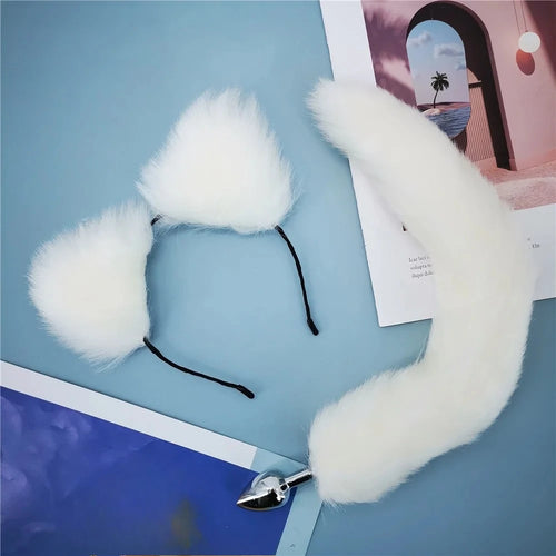 Stainless Steel Fox Tail Plug with Cat Ears Headband, 40cm