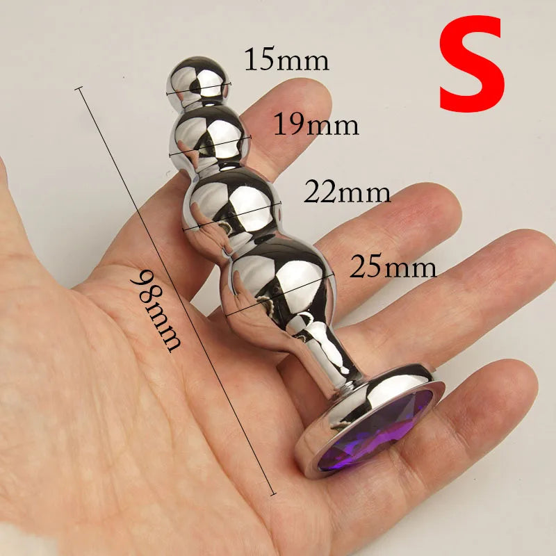 Metal Beaded Butt Plug with Crystal Base, S/M/L