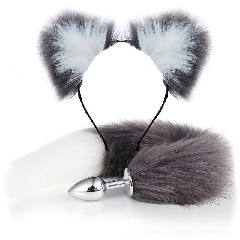 Stainless Steel Fox Tail Plug with Cat Ears Headband, 40cm