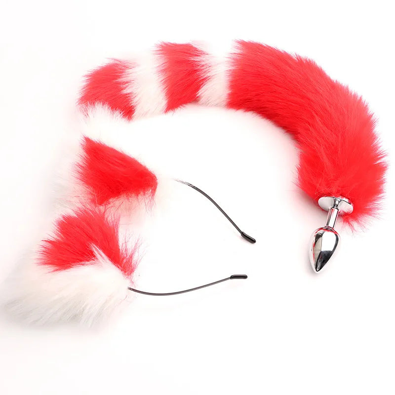 Stainless Steel Fox Tail Plug with Cat Ears Headband, 40cm