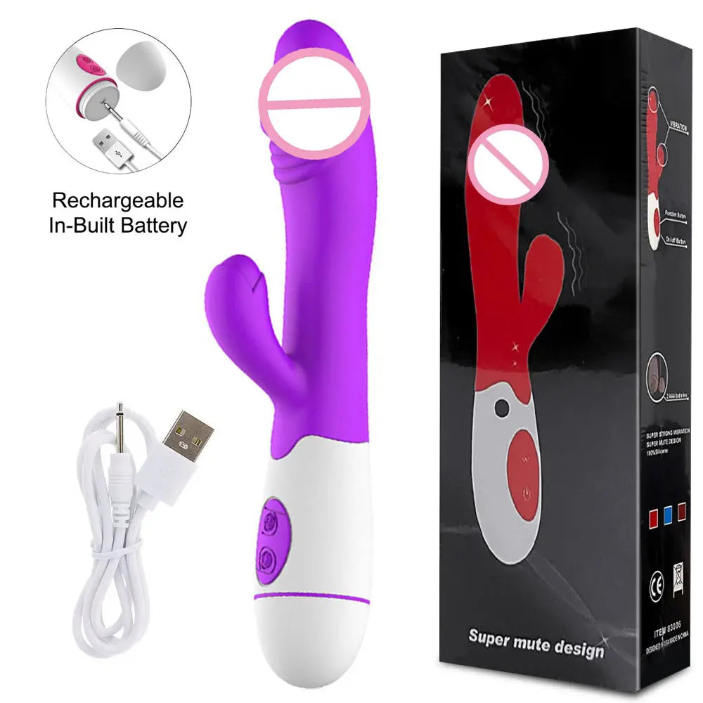 30-Speed Rabbit Vibrator, Battery or Rechargeable, 3 Colours