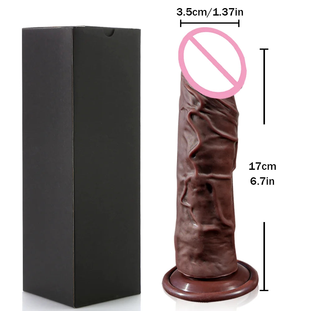 Realistic Silicone Suction Cup Dildo, Flesh, Black or Brown, S M L
