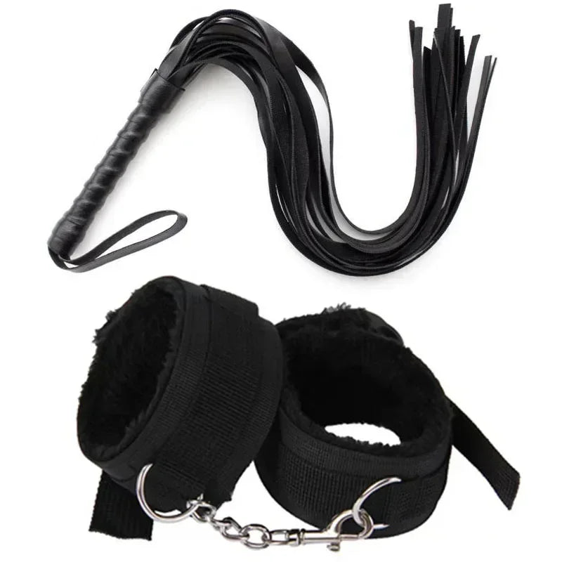 Faux Leather Whip and Plush Handcuffs, Choice of Colours