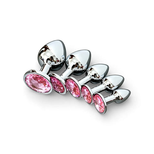 Metal Butt Plug Set with Pink Gem Base, 5 Sizes
