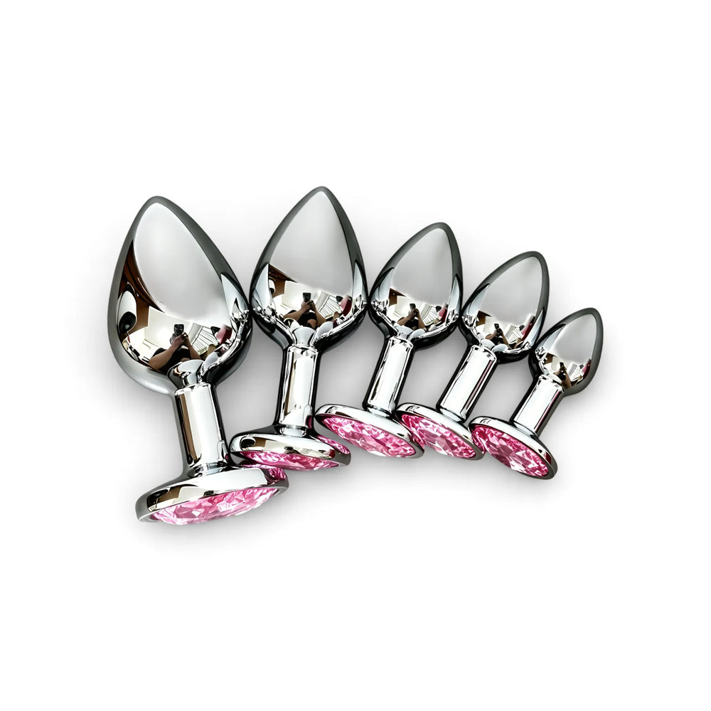 Metal Butt Plug Set with Pink Gem Base, 5 Sizes