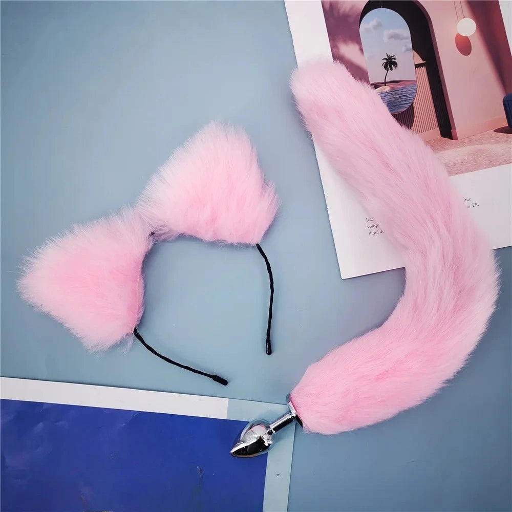 Stainless Steel Fox Tail Plug with Cat Ears Headband, 40cm