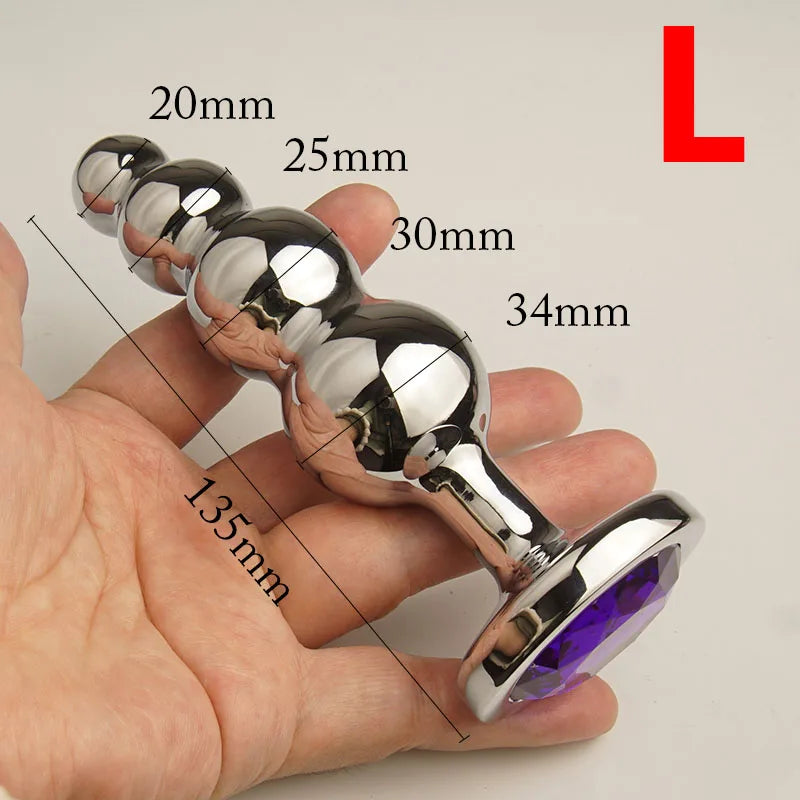 Metal Beaded Butt Plug with Crystal Base, S/M/L