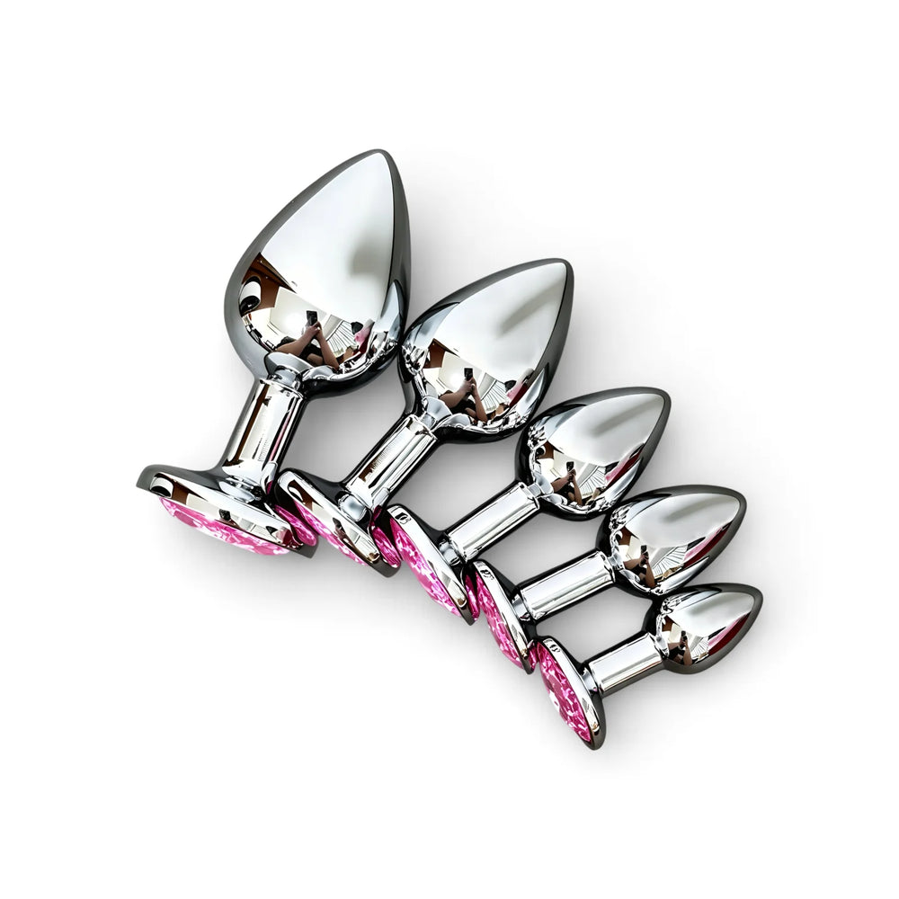 Metal Butt Plug Set with Pink Gem Base, 5 Sizes