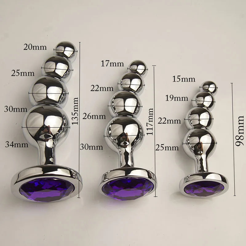 Metal Beaded Butt Plug with Crystal Base, S/M/L