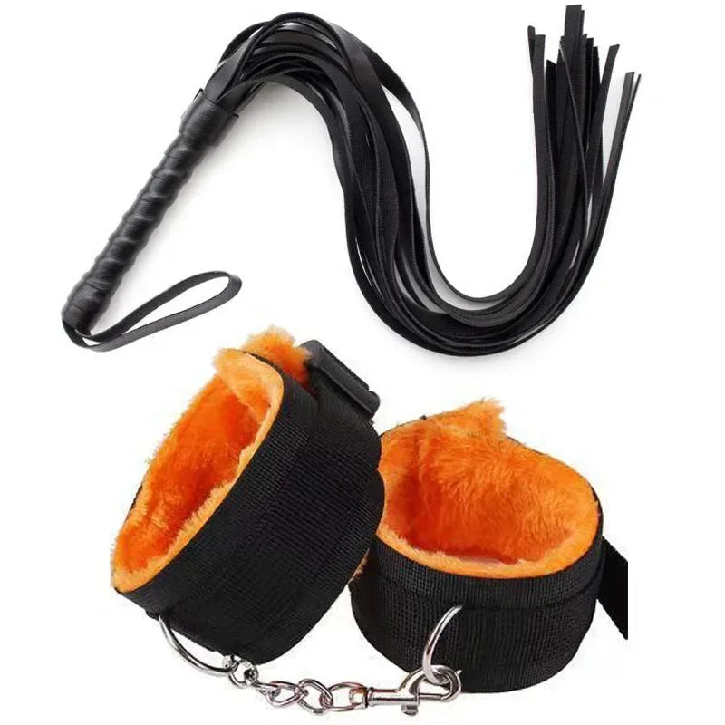 Faux Leather Whip and Plush Handcuffs, Choice of Colours