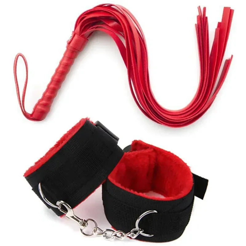 Faux Leather Whip and Plush Handcuffs, Choice of Colours