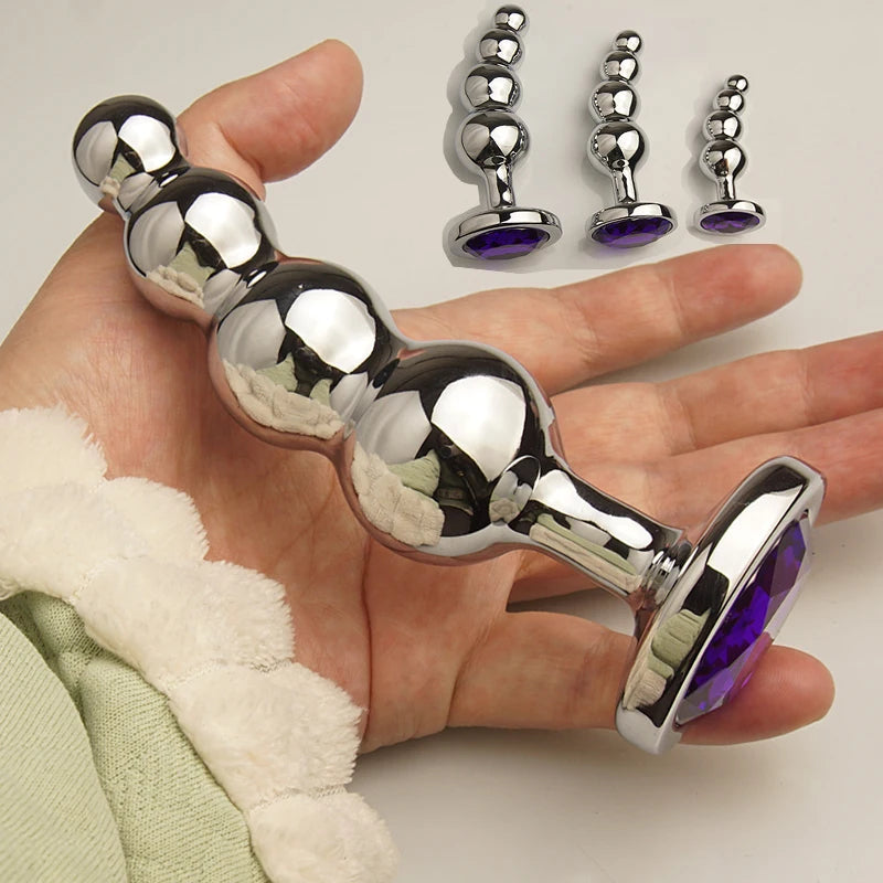 Metal Beaded Butt Plug with Crystal Base, S/M/L