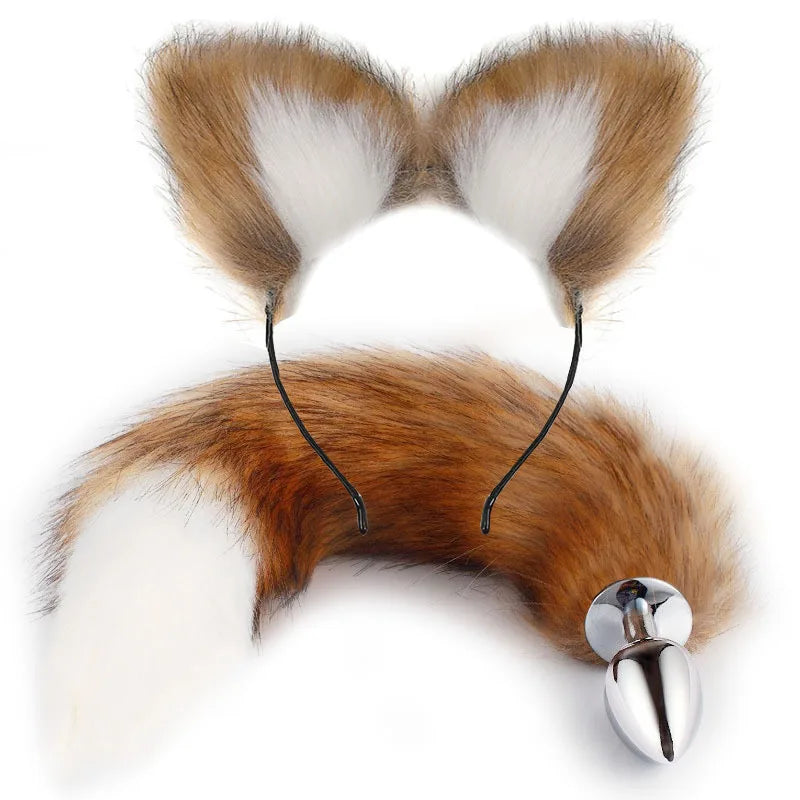 Stainless Steel Fox Tail Plug with Cat Ears Headband, 40cm