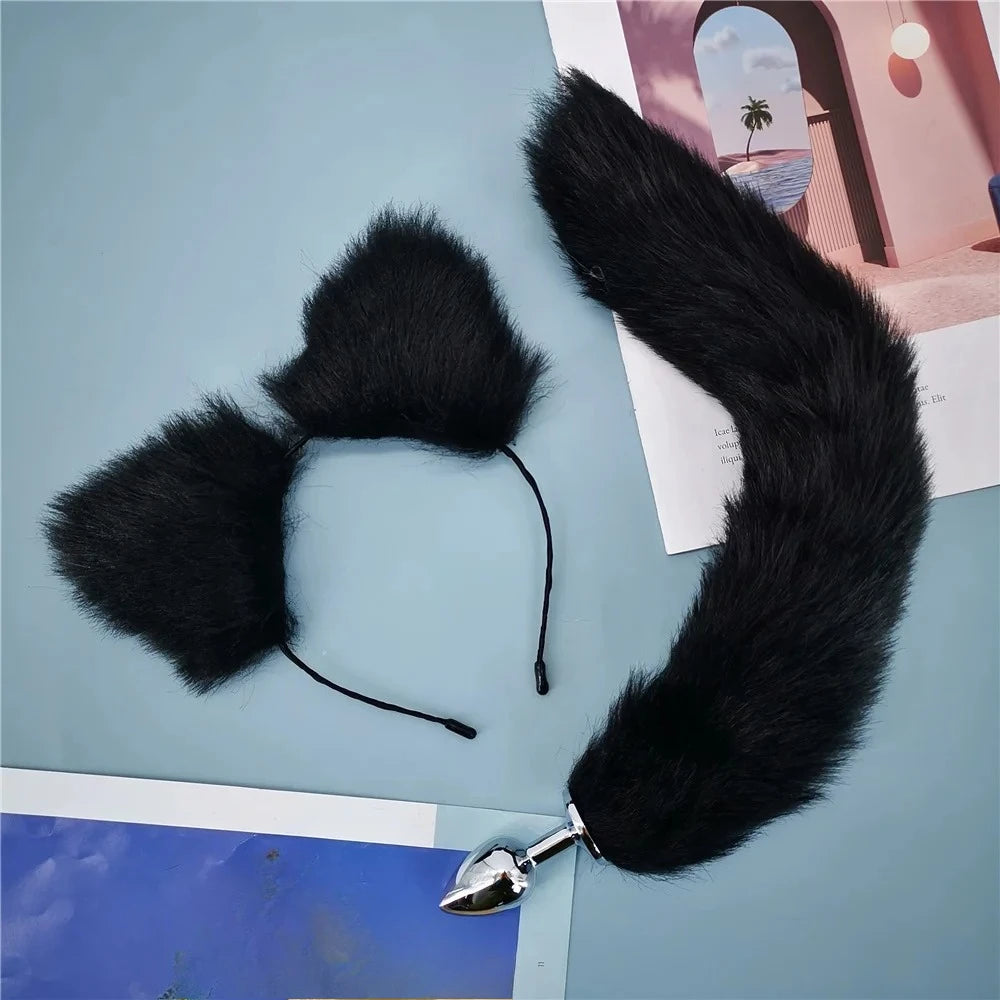 Stainless Steel Fox Tail Plug with Cat Ears Headband, 40cm