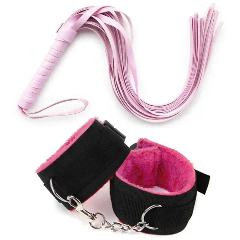 Faux Leather Whip and Plush Handcuffs, Choice of Colours
