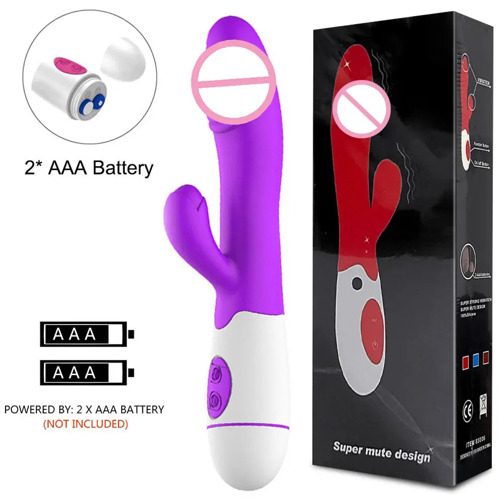 30-Speed Rabbit Vibrator, Battery or Rechargeable, 3 Colours
