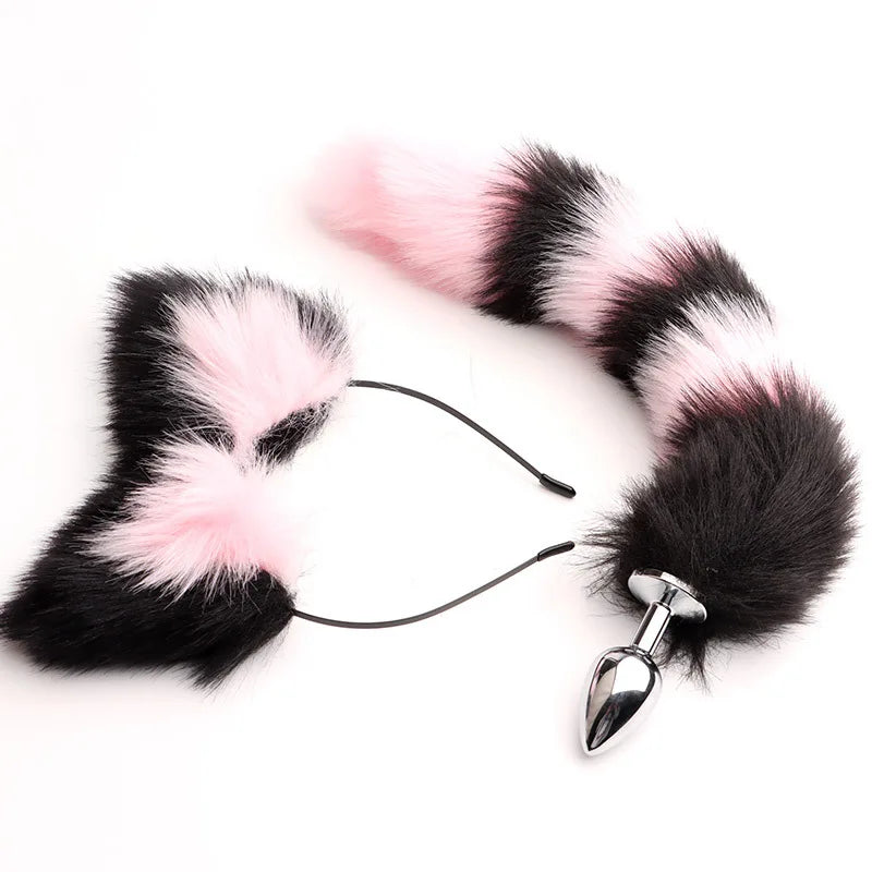 Stainless Steel Fox Tail Plug with Cat Ears Headband, 40cm
