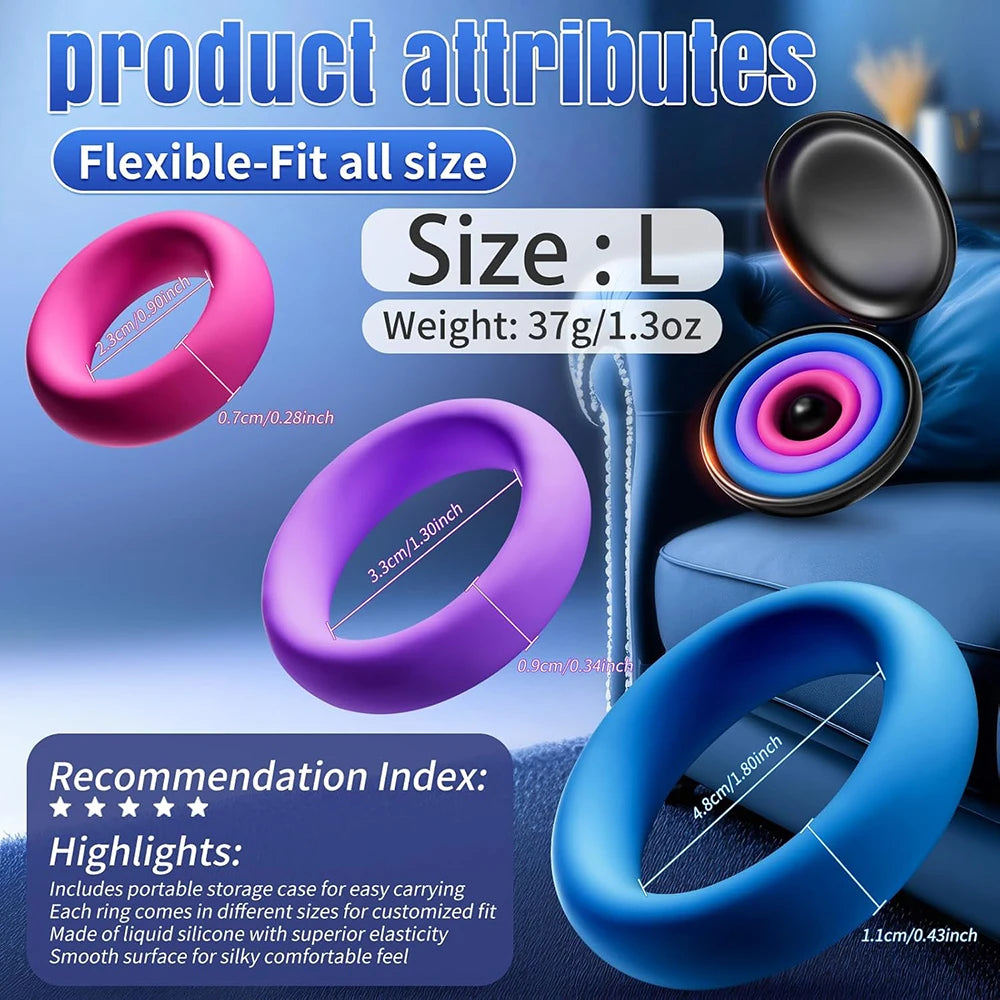 Silicone Cock Ring Set, 3 Sizes S/M/L