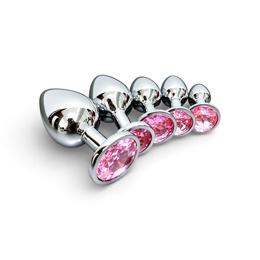 Metal Butt Plug Set with Pink Gem Base, 5 Sizes