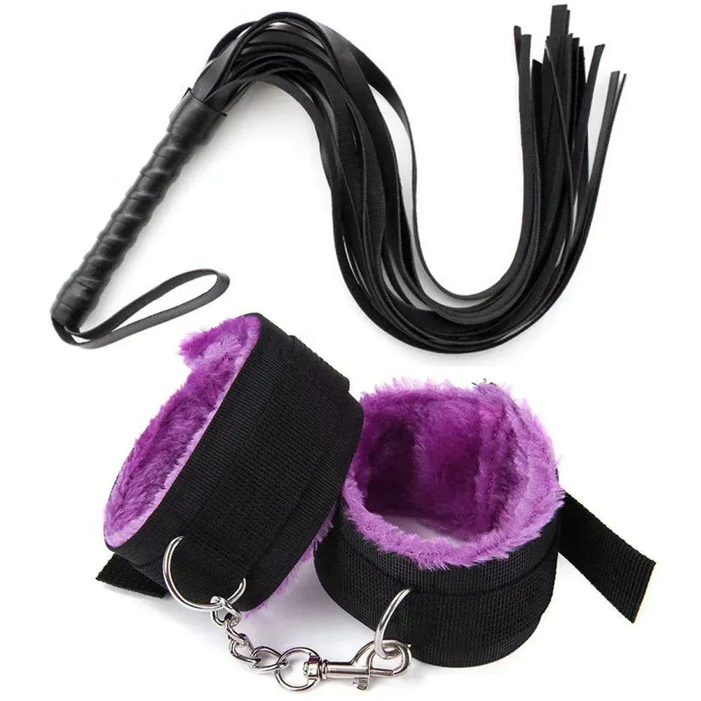 Faux Leather Whip and Plush Handcuffs, Choice of Colours