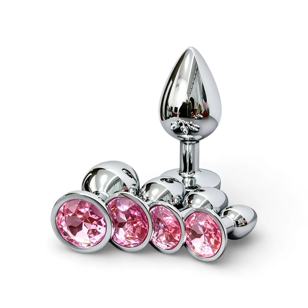 Metal Butt Plug Set with Pink Gem Base, 5 Sizes