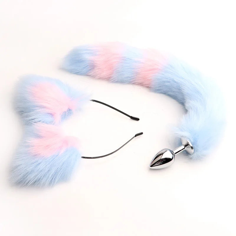 Stainless Steel Fox Tail Plug with Cat Ears Headband, 40cm