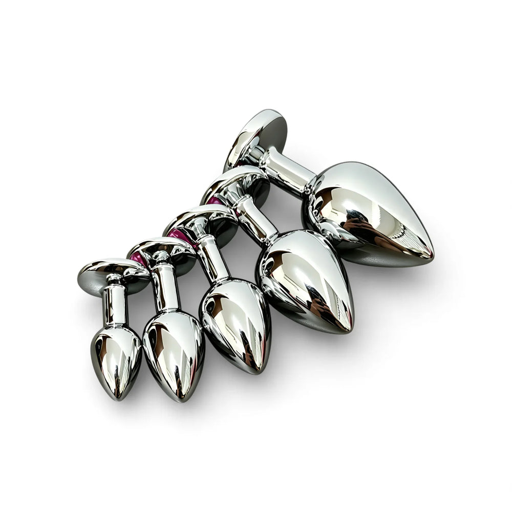 Metal Butt Plug Set with Pink Gem Base, 5 Sizes